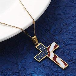 Stainless Steel Enamel Cross Jesus Religion Pendant Necklace American USA Flag Jewelry