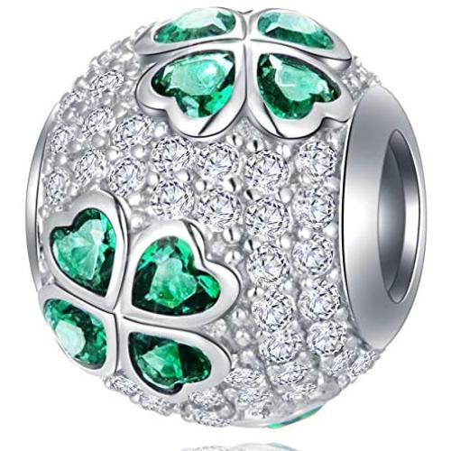 EMOSTAR Sparkling Dog Paw Print Charms, Four-Leaf Clover Charms, and Green Leaves Charms fits Women Bracelet - Pave Clear Cubic Zirconia Beads in 925 Sterling Silver, Gifts for Christmas/Mother/Lover