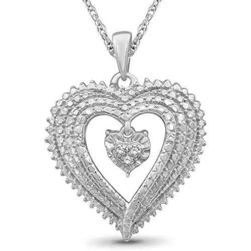 JEWELEXCESS Sterling Silver (.925) Heart Necklace with White Diamond Accent | Jewelry Pendant Necklaces for Women with Round White Diamonds & 18 inch Rope Chain with Spring Clasp