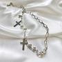 7.8in Double Layer Charm Beads Link Chains Punk Cross Bracelet Stainless Steel Adjustable with 2.4in Long Extension for Women Teen egirl eboy Lady Expandable Hip Hop Bangle