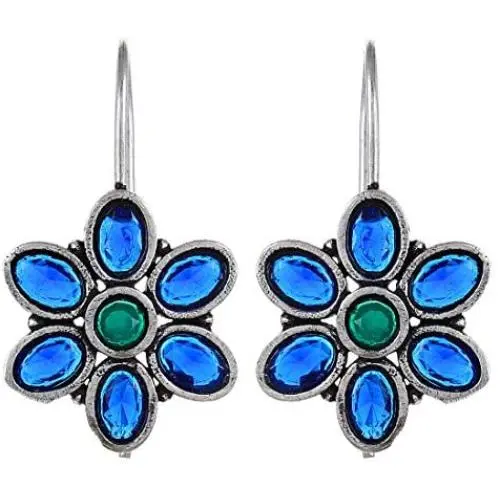 Saissa Silver Plated Oxidised Metal Lightweight Blue Stone Indian Earrings Jewelry for Girls and Women Saissa Silver Plated Oxidised Metal Lightweight Blue Stone Indian Earrings Jewelry for Girls and Women