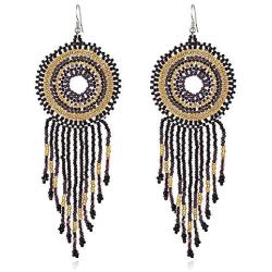 Bohemian Dream Catcher Beaded Tassel Earrings Boho Statement Long Hoop Earring Fringe Chandelier Drop Big Handwoven Native American Mexican Dangle Jewelry