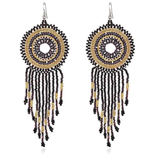 Bohemian Dream Catcher Beaded Tassel Earrings Boho Statement Long Hoop Earring Fringe Chandelier Drop Big Handwoven Native American Mexican Dangle Jewelry