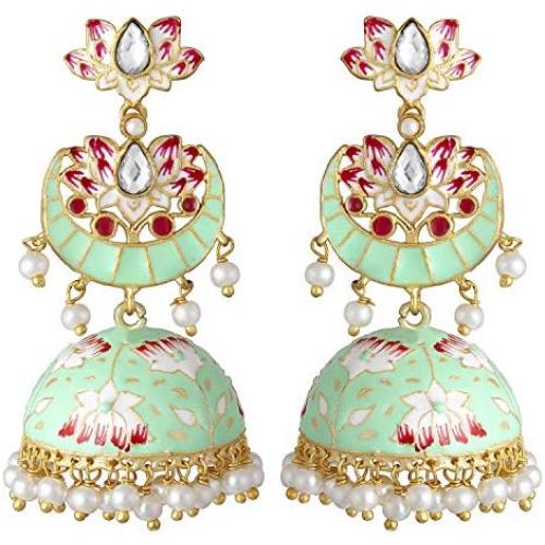 Aheli Vintage Oxidized Dangle Jhumka Jhumki Encrusted with Faux Kundan Stone Statement Earrings for Women