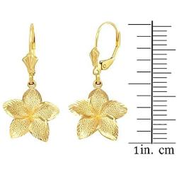 Textured 10k Gold Hawaiian Flower Plumeria Dangle Earrings (Small)