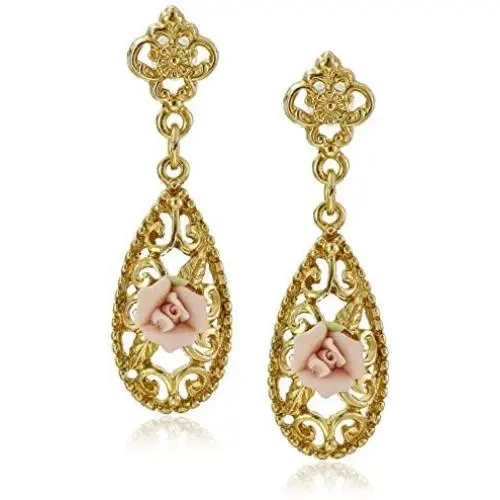 Downton Abbey Carded Gold-Tone Pink Porcelain Rose Drop Earrings Downton Abbey Carded Gold-Tone Pink Porcelain Rose Drop Earrings
