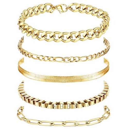 YADOCA 5 Pcs 14K Gold Plated Link Chain Bracelets Set for Men Women Paperclip Cuban Box Figaro Herringbone Chain Bracelets Jewelry Gift