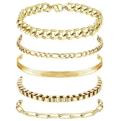 YADOCA 5 Pcs 14K Gold Plated Link Chain Bracelets Set for Men Women Paperclip Cuban Box Figaro Herringbone Chain Bracelets Jewelry Gift