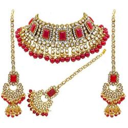 Aheli Brdal Kundan Faux Pearl Choker Necklace with Earrings Maang Tikka for Women Girls Indian Traditional Jewelry Set