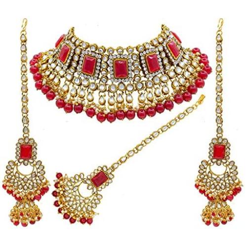Aheli Brdal Kundan Faux Pearl Choker Necklace with Earrings Maang Tikka for Women Girls Indian Traditional Jewelry Set