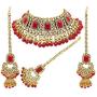 Aheli Brdal Kundan Faux Pearl Choker Necklace with Earrings Maang Tikka for Women Girls Indian Traditional Jewelry Set
