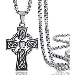 Elfasio Celtic Cross Necklace for Men Cubic Zirconia Stainless Steel Pendant Necklaces Chain 18inch-30inch