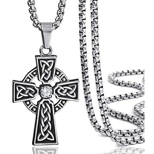 Elfasio Celtic Cross Necklace for Men Cubic Zirconia Stainless Steel Pendant Necklaces Chain 18inch-30inch Elfasio Celtic Cross Necklace for Men Cubic Zirconia Stainless Steel Pendant Necklaces Chain 18inch-30inch