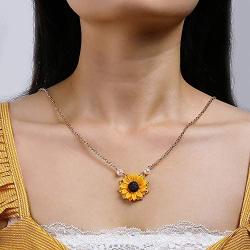 krun Sunflower Pendant Necklace Pearl Leaf Chain Resin Boho Handmade Drop Choker Necklace for Women Girls