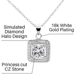 Cate & Chloe Ivy 18k White Gold Plated Princess Cut Halo Pendant Necklace - Silver Halo Necklace w/Solitaire Square Cut Cubic Zirconia Diamond - Wedding Anniversary