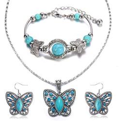 Cocazyw Silver Butterfly Turquoise Bracelet and Earrings for Women Girl Retro Charm Gemstone Jewelry Set Pendant Necklace and Drop Earrings for Women Girl