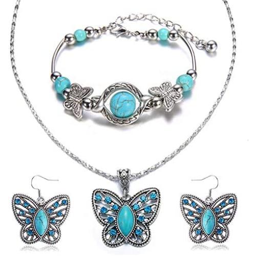 Cocazyw Silver Butterfly Turquoise Bracelet and Earrings for Women Girl Retro Charm Gemstone Jewelry Set Pendant Necklace and Drop Earrings for Women Girl