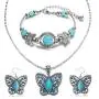 Cocazyw Silver Butterfly Turquoise Bracelet and Earrings for Women Girl Retro Charm Gemstone Jewelry Set Pendant Necklace and Drop Earrings for Women Girl