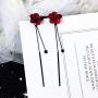 Red Green Poppy Flower Black Long Line Bar Tassel Earrings for Women Charm Stud Drop Earring Jewelry
