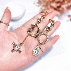 GIMEFIVE Asymmetrical Vintage Opal Sun and Moon Planet Earrings Bohemian Tassel Design Drop Earring with Clear Crystal for Woman Girls