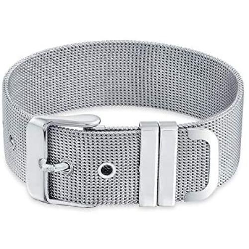 Bling Jewelry Unisex Wide Wrist Band Belt Buckle Mesh Bracelet for Men for Women Silver Tone Stainless Steel Adjustable