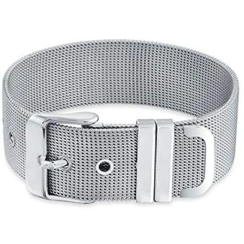 Bling Jewelry Unisex Wide Wrist Band Belt Buckle Mesh Bracelet for Men for Women Silver Tone Stainless Steel Adjustable