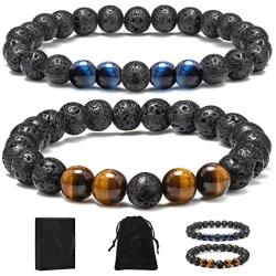 MONOZO Beaded Bracelets for Men Women - 8mm Tiger Eye Bead Bracelet Adjustable Natural Lava Rock Stone Essential Oil Anxiety Aromatherapy Bracelets Jewelry Gifts