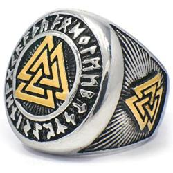 Gungneer 18K Gold Plated Viking Valknut Rune Letter Circle Stainless Steel Ring Men Women Norse Protection Jewelry