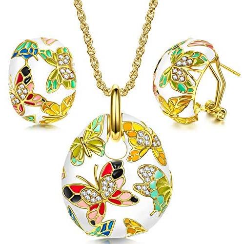 QIANSE Mothers Day Jewelry Set Gifts Spring of Versailles Gold Plated Handcrafted Enamel Butterfly Jewelry Set, Christmas Birthday Gifts for Her