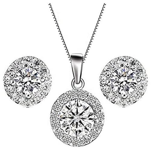 Majesto Round Jewelry Set for Women Bridesmaid Jewelry Sets Necklace and Earring Sets Costume Jewelry Gift 18K White Gold Plated