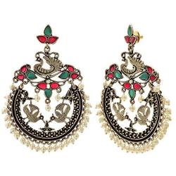 Efulgenz Boho Vintage Antique Gypsy Tribal Crystal Kundan Indian Oxidized Silver Chandbali Dangle Earrings Jewelry