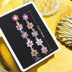 DAMLENG Chic Hypoallergenic Colorful Crystal Long Tassel Flower Stud Earrings Boho Floral Dangle Earrings for Women Girls
