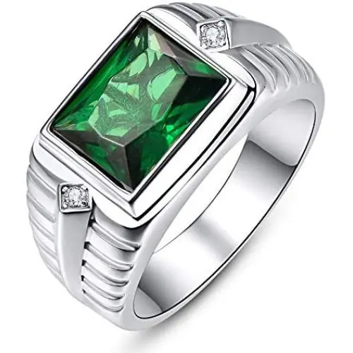 BONLAVIE Mens Wedding Engagement Rings Emerald Cut 8x10mm Created Black Onyx Green Emerald White Cubic Zirconia 925 Sterling Silver 11mm Bands Size 6-12