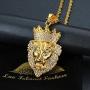 Lee Island Fashion 24K Gold Plated Simulated Diamond CZ Fully Lion King with Crown Pendant Stainless Steel Necklace, 24 Inch Chain for Men Hip Hop Jewelry