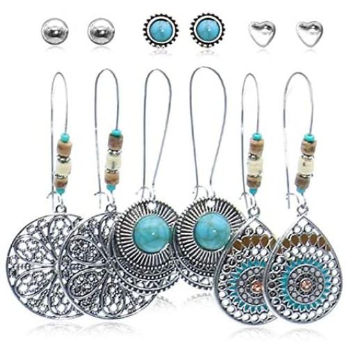Vintage Ethnic New Big Fan shape Bronze Indian Earrings Set For Women Bohemian Tassel Shell beads Teardrop Geometric Triangle Drop Earring Jewelry 6 pcs