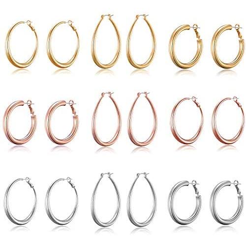 9 Pairs Chunky Gold Hoop Earrings for Women Fashion Pack-14k Gold Hoop Earrings for Girls- Rose Gold Earrings for Women-Statement Earrings Aesthetic Earrings Set for Women-Silver Earrings for Women