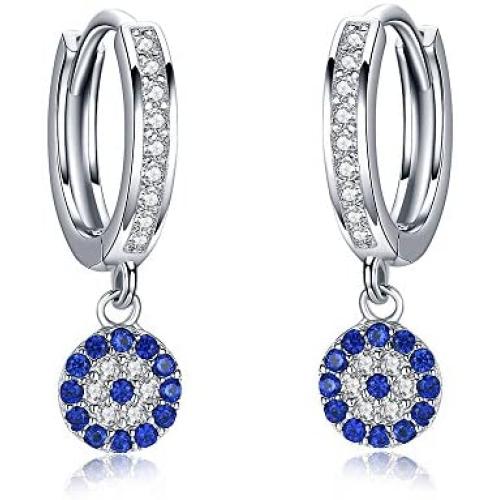 Round Blue Evil Eye Stud Earrings in Sterling Silver 925 With Cubic Zirconia CZ and Butterfly Backs