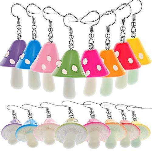 RechicGu 8 Pairs 3D Mushroom Shape Dangle Earrings Set Colorful Kawaii Nature Food Fresh Vegetables Jewelry Funny Sweet Lovely Women Girls Gift