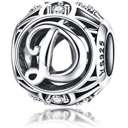 925 Sterling Silver with Cubic Stones, Complete A~Z Gift Options Alphabet Charm Letter Beads fit Pandora European Bracelets