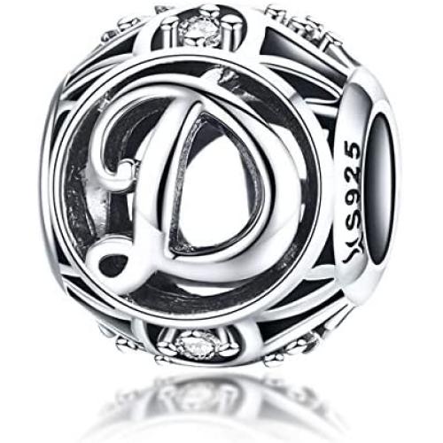 925 Sterling Silver with Cubic Stones, Complete A~Z Gift Options Alphabet Charm Letter Beads fit Pandora European Bracelets