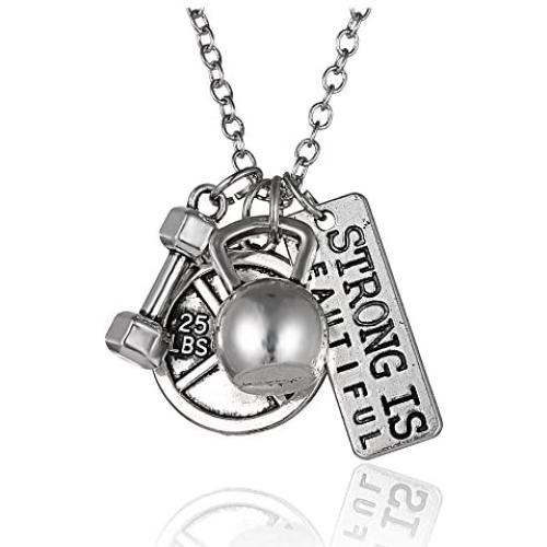 Rinhoo Unisex Stainless Steel Fitness Weightlifting Gym with Quotes Workout Weight Plate Barbell Dumbbell Exercise Charms Pendant Necklace White Gold Plated/Gold Plated
