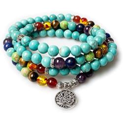PWMENLK Jewelry,8MM Turquoise 108 Rosary Prayer Mala Beads Tree of Life 7 Chakra Bracelet Necklace