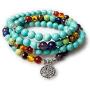 PWMENLK Jewelry,8MM Turquoise 108 Rosary Prayer Mala Beads Tree of Life 7 Chakra Bracelet Necklace