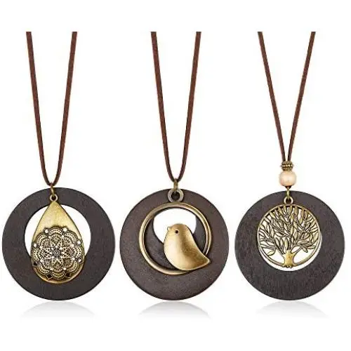 Hanpabum 3Pcs Vintage Handmade Wood Pendant With Cute Charms Long Leather Necklace Sweater Chain for Girl Women Long Necklace All-Match Style Gift
