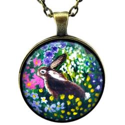 Laura Milnor Iverson Brown Bunny Rabbit in Flower Garden Handmade Pendant Necklace Handmade Jewelry