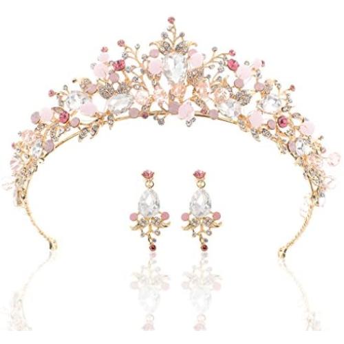 Yean Gold Wedding Crown Bridal Tiaras with Earrings Pink Purple Headband for Women and Girls (Pink)