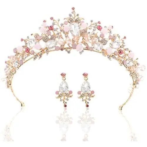 Yean Gold Wedding Crown Bridal Tiaras with Earrings Pink Purple Headband for Women and Girls (Pink) Yean Gold Wedding Crown Bridal Tiaras with Earrings Pink Purple Headband for Women and Girls (Pink)