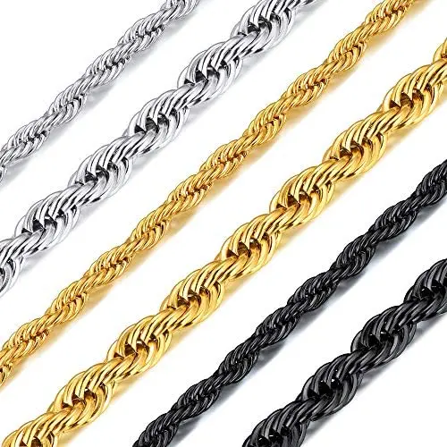 Richsteel Hip Hop Rope Chain Necklace for Men Women 3mm/6mm Wide Stainless Steel/18K Gold/Black Plated Link Chain Rock Hippie Jewelry(with Gift Box) Richsteel Hip Hop Rope Chain Necklace for Men Women 3mm/6mm Wide Stainless Steel/18K Gold/Black Plated Link Chain Rock Hippie Jewelry(with Gift Box)