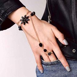 Chicque Boho Hand Chain Gold Rhinestone Finger Ring Black Flower Hand Bracelet Hand Jewelry for Women and Girls