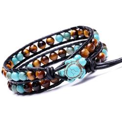 Leather Wrap Cuff Bracelet Turtle Turquoise and Tiger Eye Beads Handmade Bangle Boho Wristband for Men Women